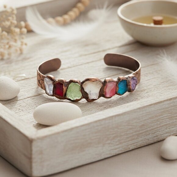 🆕️Bracelet with 7 Natural Gemstones Handcrafted Multi-Colored Crystal Rock Cuff - Picture 7 of 13